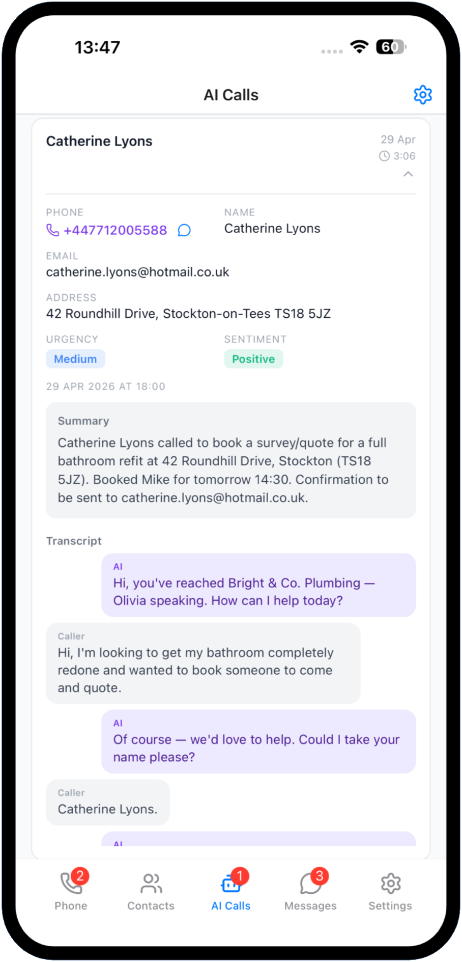 AI Calls screen showing a captured enquiry, summary, and transcript