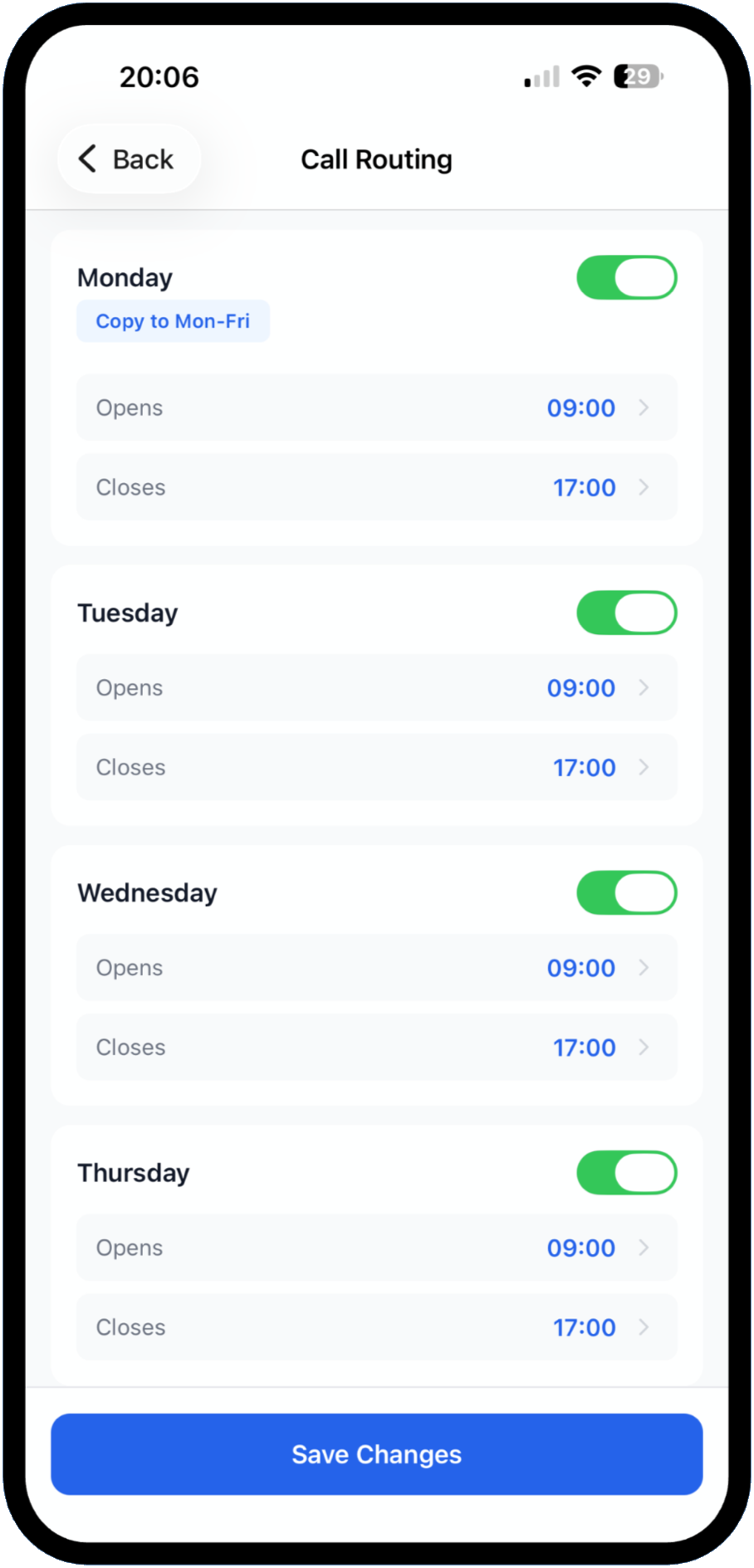 Business hours scheduling screen with open and close times